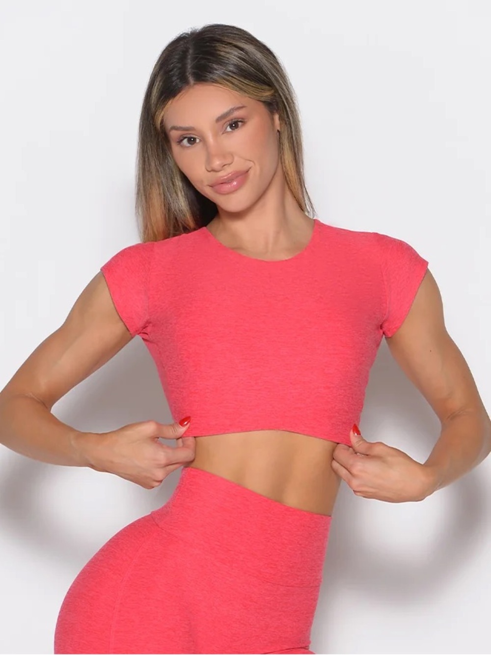 Bombshell Sportswear Coral Pink Cropped Cap Sleeve Top